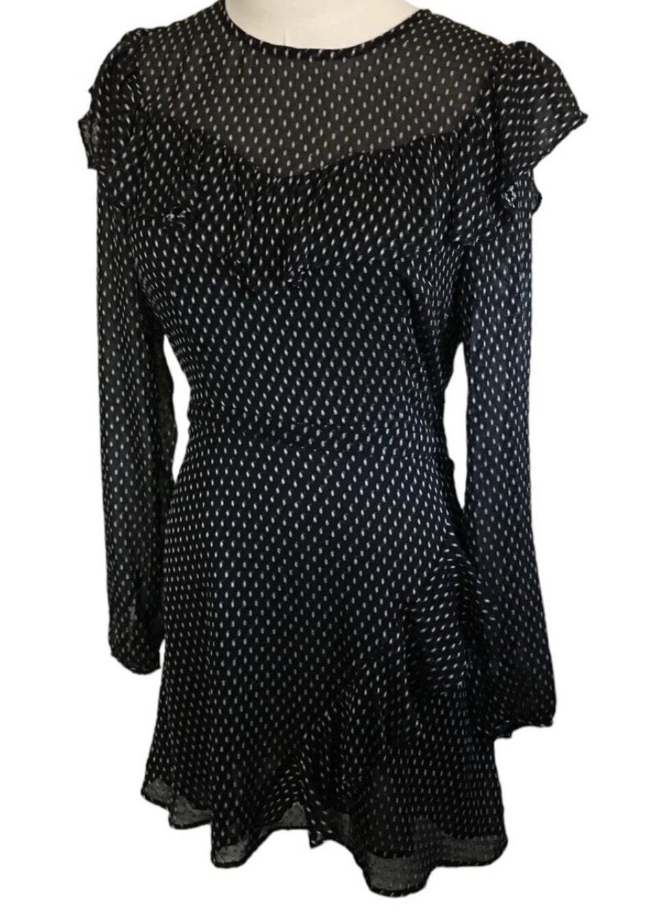 Avec Les Filles Black White Dots Mini Dress Long Sleeve Sheer Ruffle Size 0 $128